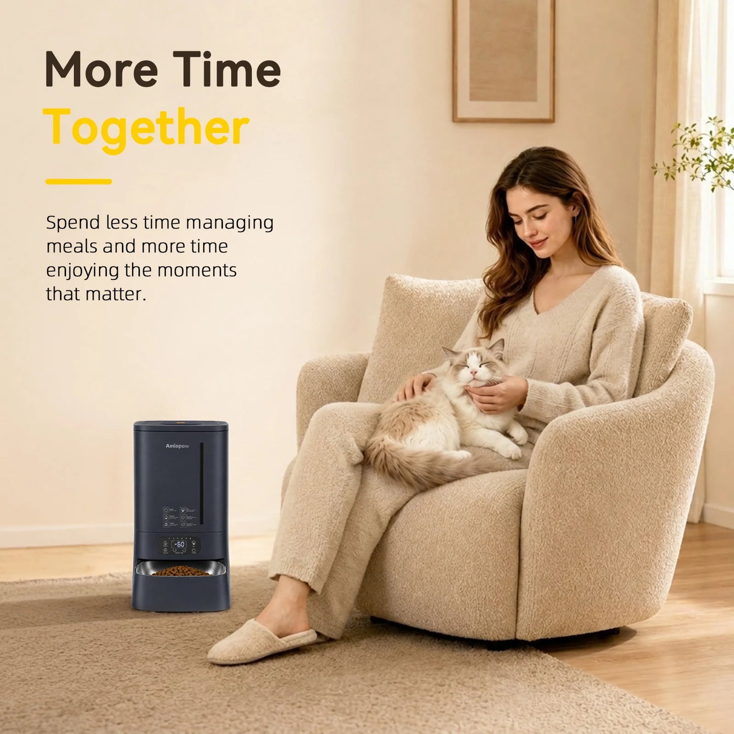 Pet owner spending time with a cat beside the Amiapaw F2 Automatic Vacuum Pet Feeder