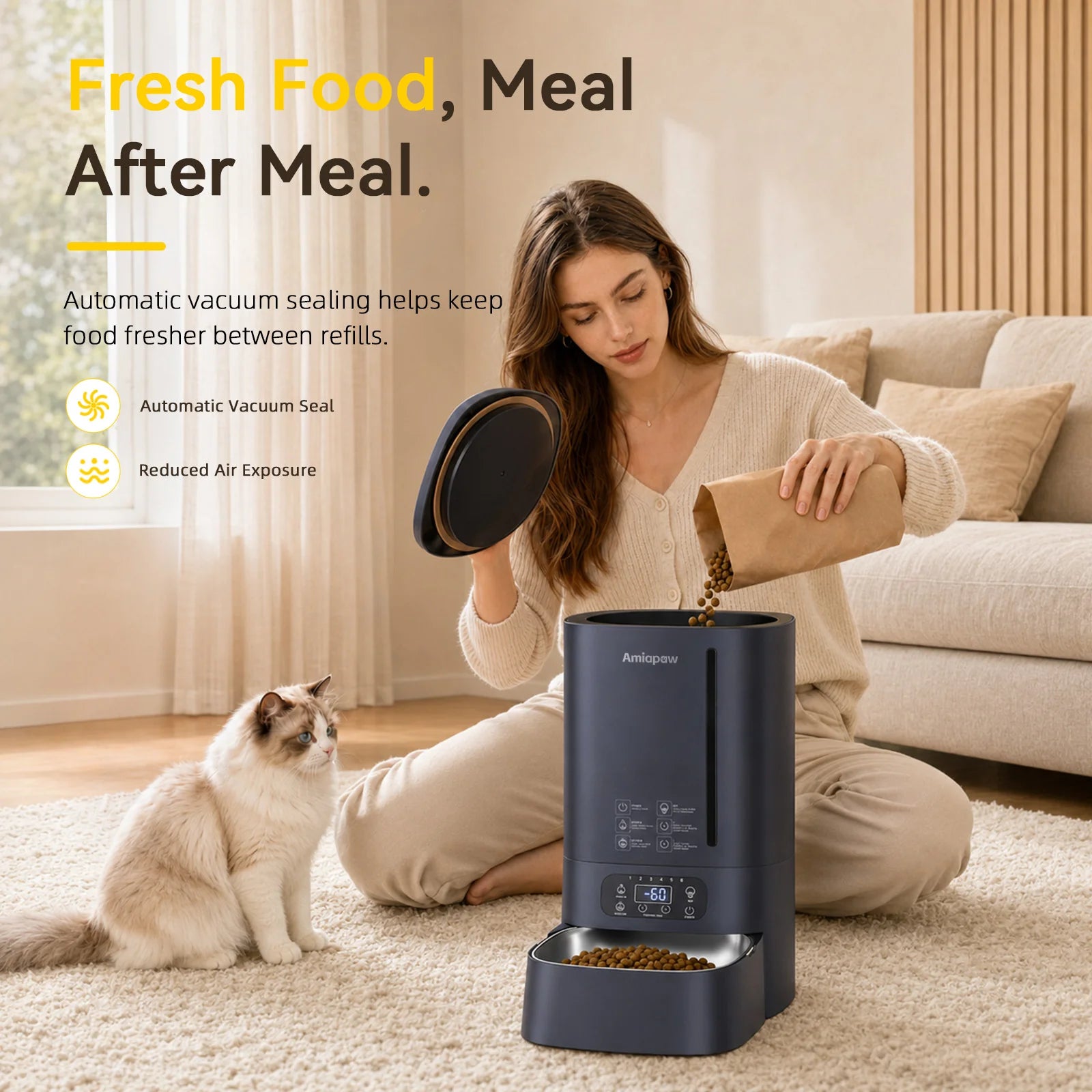 Amiapaw F2 Automatic Vacuum Pet Feeder with vacuum sealing to help reduce air exposure between refills