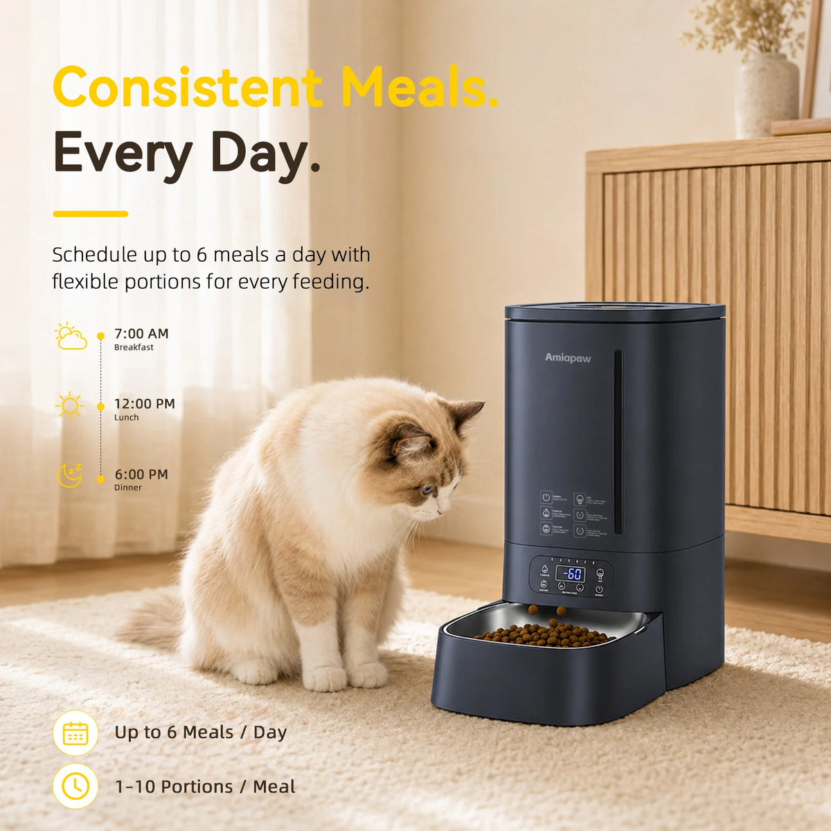 Amiapaw F2 Automatic Vacuum Pet Feeder with up to 6 scheduled meals per day and adjustable portions