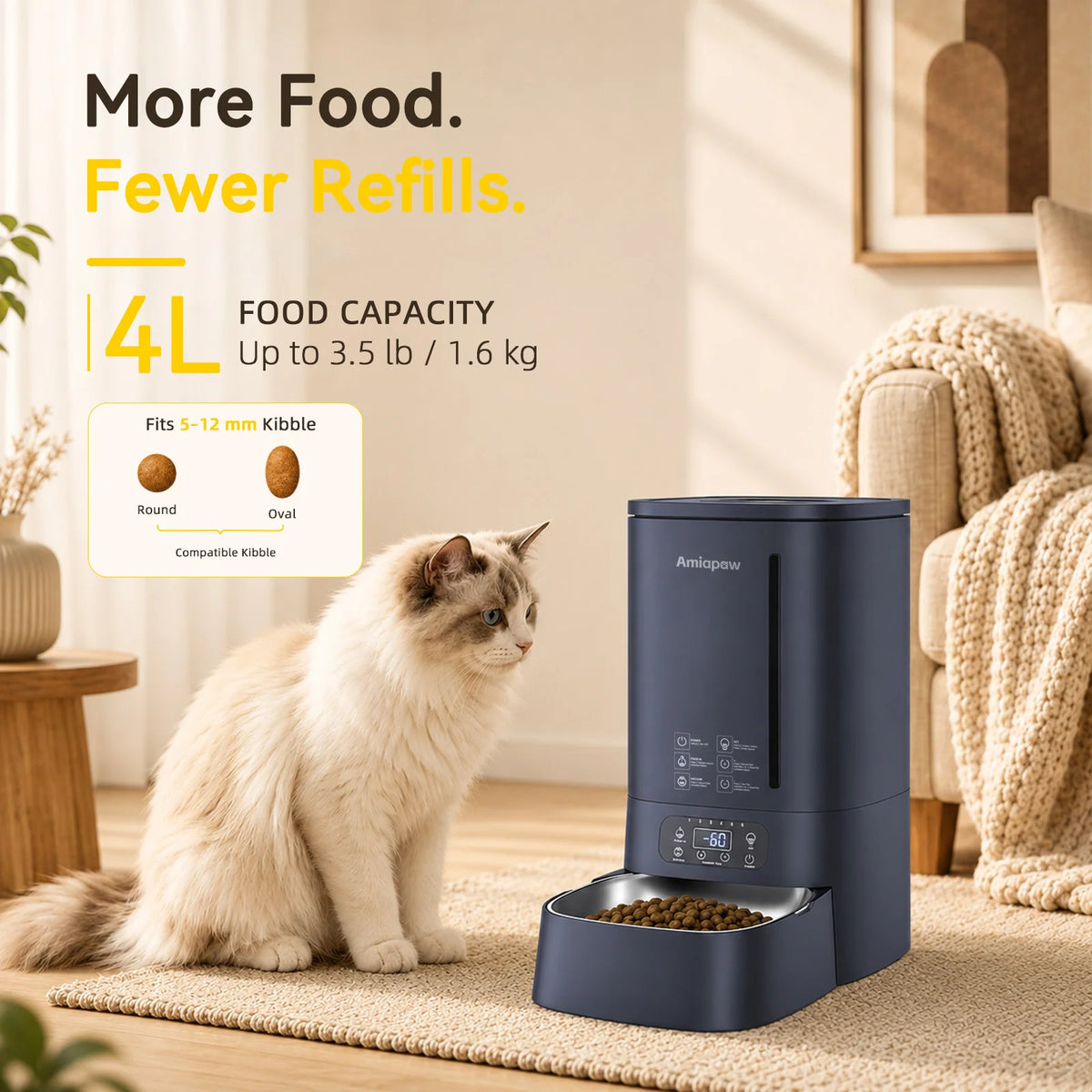 Amiapaw F2 Automatic Vacuum Pet Feeder with 4L capacity for 5–12 mm dry kibble