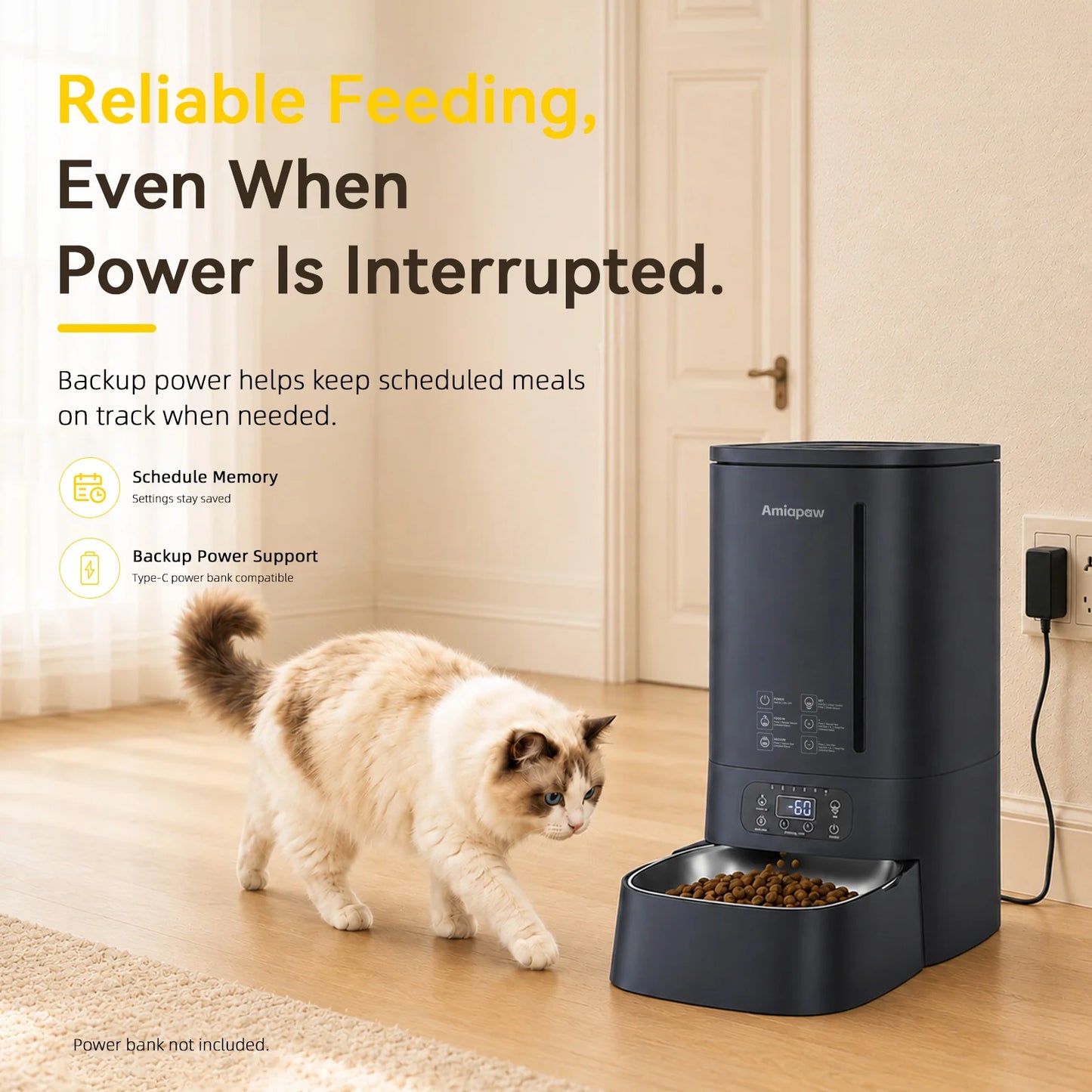 Amiapaw F2 Automatic Vacuum Pet Feeder with schedule memory and Type-C power bank backup support