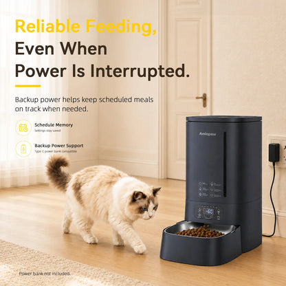 Amiapaw F2 Automatic Vacuum Pet Feeder with schedule memory and Type-C power bank backup support