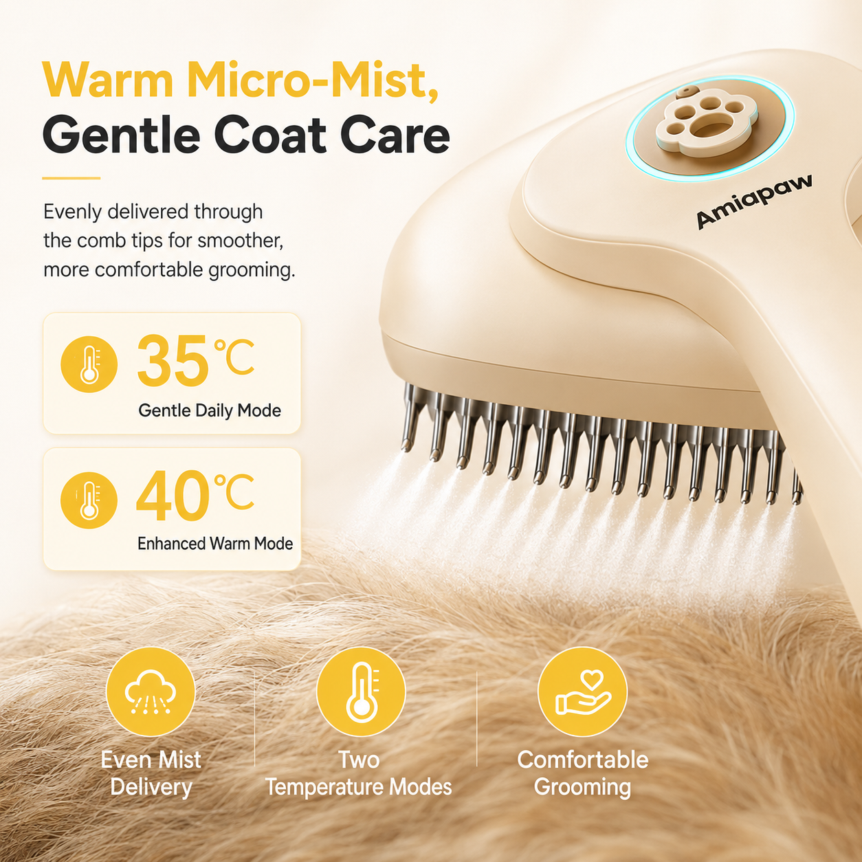 Amiapaw Smart Pet Grooming Brush for Cats and Dogs, 2-in-1 Detangling Comb, 35°C/40°C, TFT Display