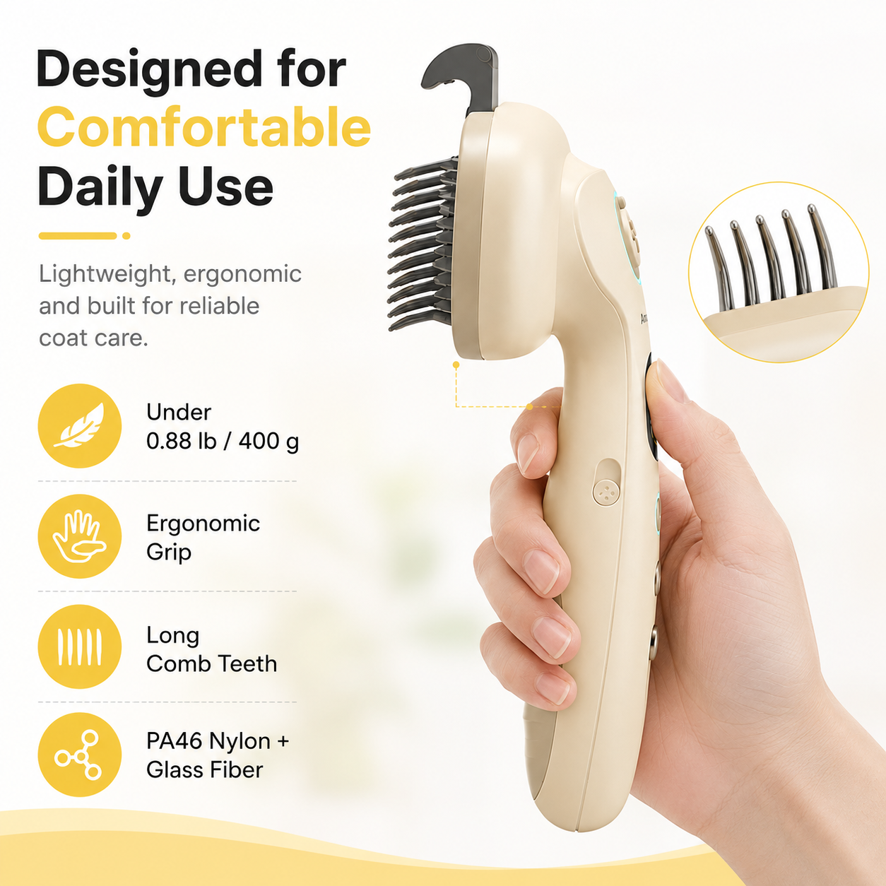 Amiapaw Smart Pet Grooming Brush for Cats and Dogs, 2-in-1 Detangling Comb, 35°C/40°C, TFT Display