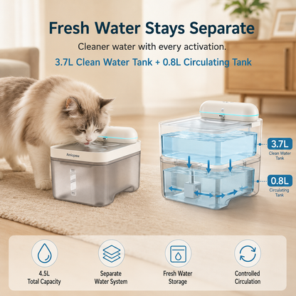 Amiapaw Cordless Pet Water Fountain, 4.5L, Infrared Sensor, 304 Stainless Steel Tray