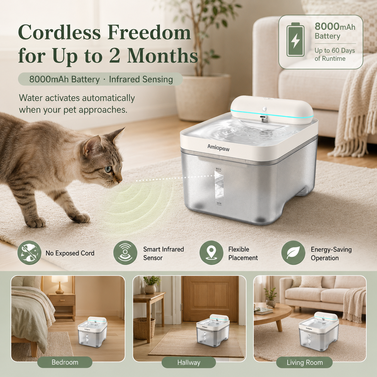 Amiapaw Cordless Pet Water Fountain, 4.5L, Infrared Sensor, 304 Stainless Steel Tray