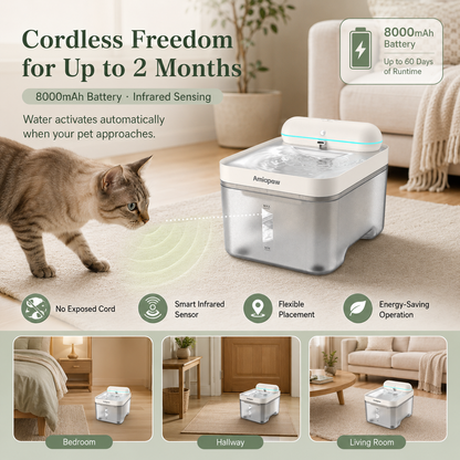 Amiapaw Cordless Pet Water Fountain, 4.5L, Infrared Sensor, 304 Stainless Steel Tray