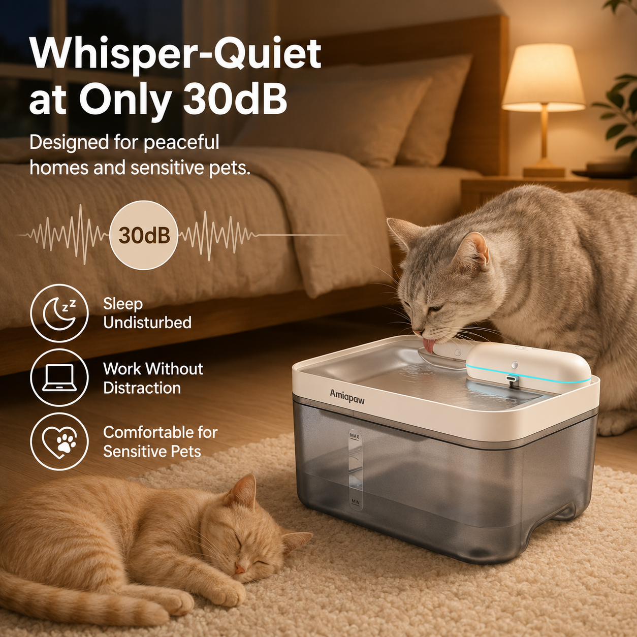 Amiapaw Cordless Pet Water Fountain, 4.5L, Infrared Sensor, 304 Stainless Steel Tray
