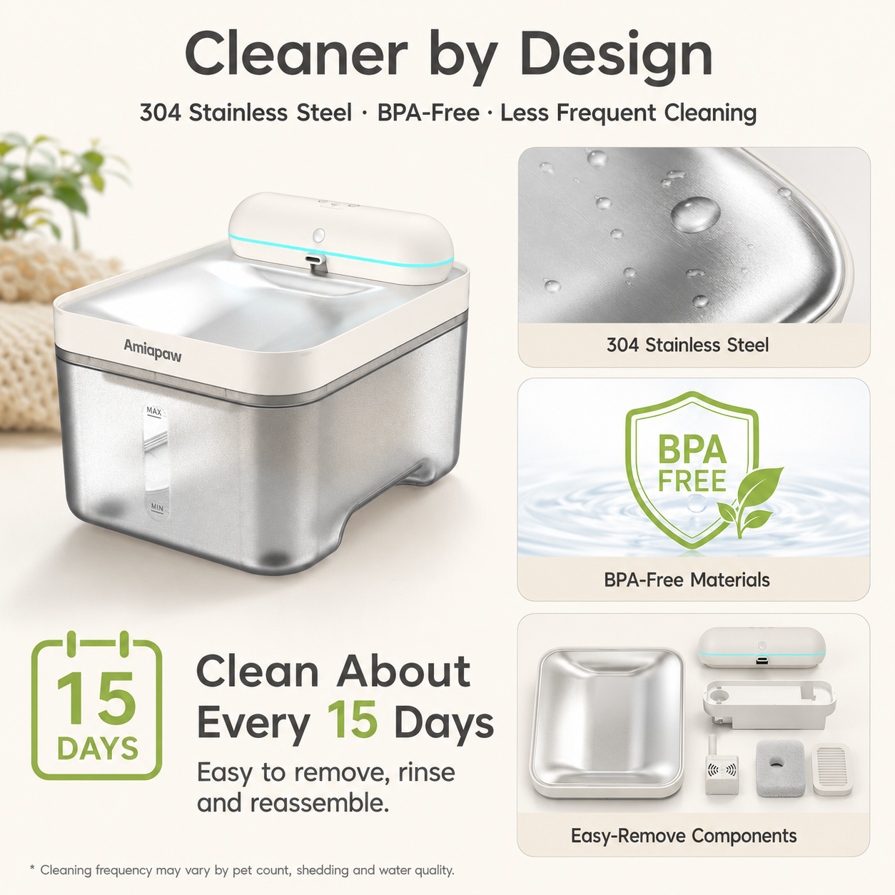 Amiapaw Cordless Pet Water Fountain, 4.5L, Infrared Sensor, 304 Stainless Steel Tray