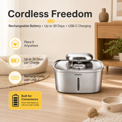 Amiapaw 3.2L Cordless Cat Water Fountain, Stainless Steel with Smart Mode and 4-Stage Filter