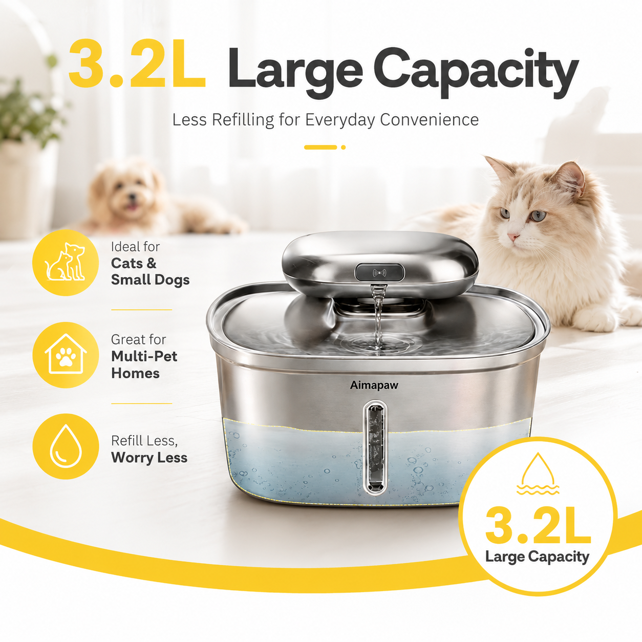 Amiapaw 3.2L Cordless Cat Water Fountain, Stainless Steel with Smart Mode and 4-Stage Filter