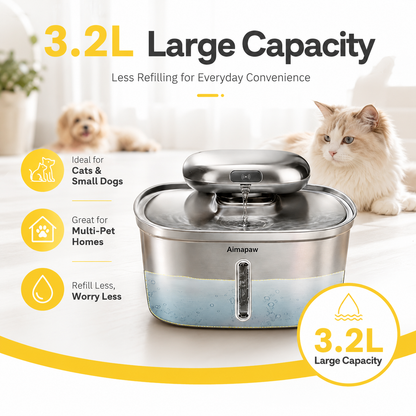 Amiapaw 3.2L Cordless Cat Water Fountain, Stainless Steel with Smart Mode and 4-Stage Filter