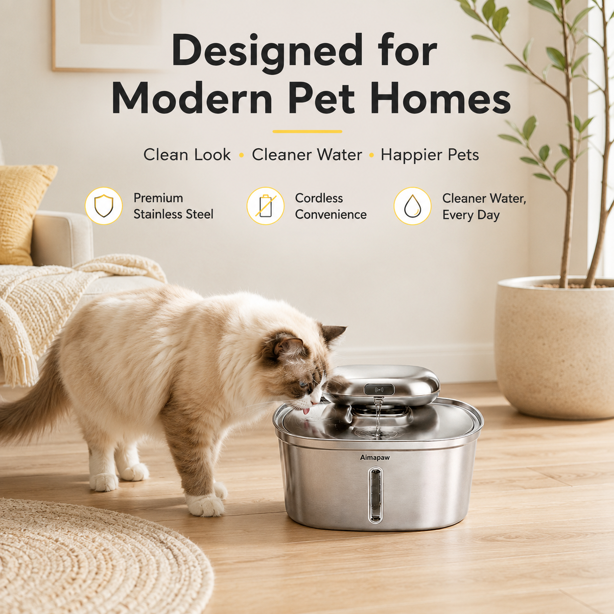 Amiapaw 3.2L Cordless Cat Water Fountain, Stainless Steel with Smart Mode and 4-Stage Filter