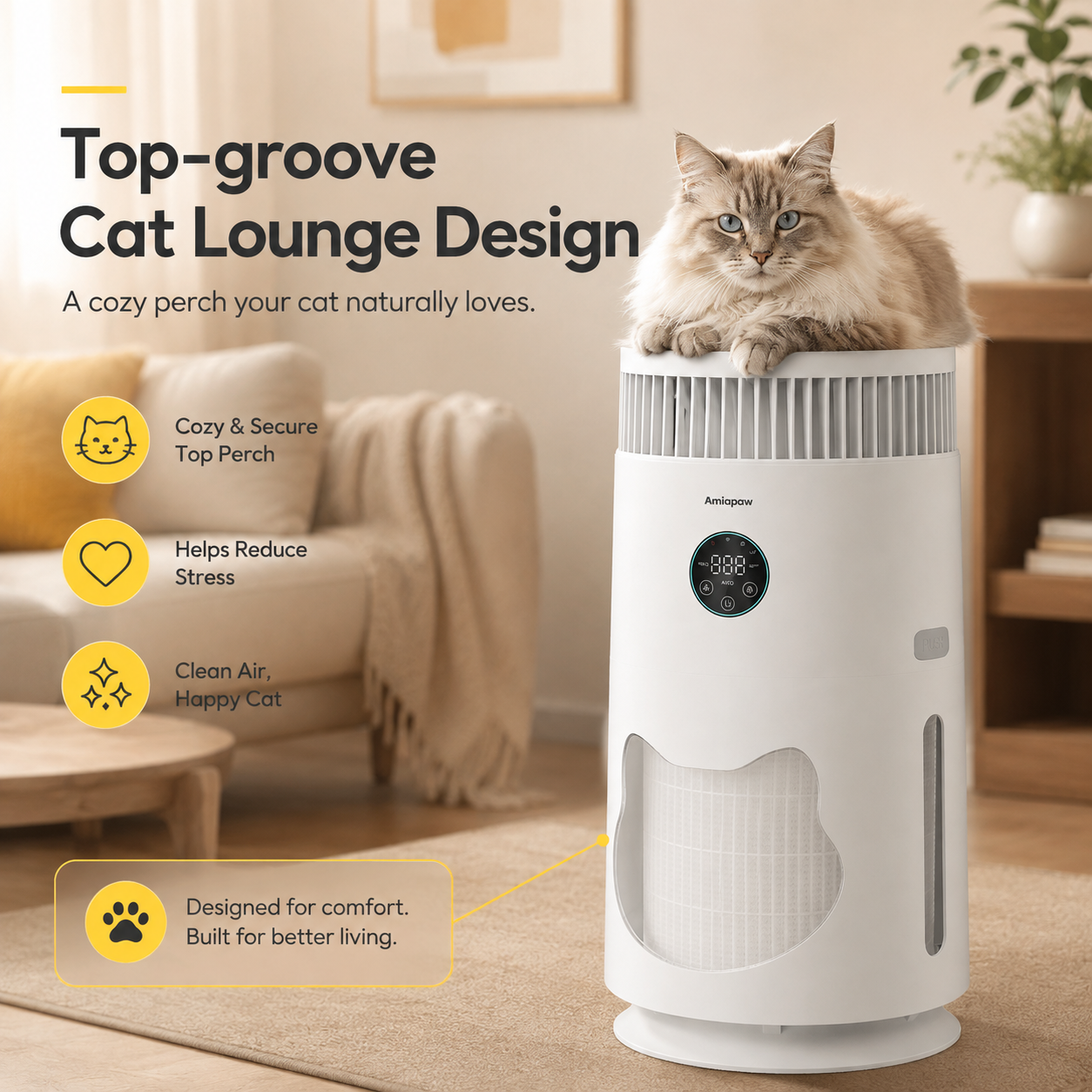 AMIAPAW Cat Air Purifier C2 for Cat Hair and Dander, 360° Intake, Smart PM2.5, Sleep Mode