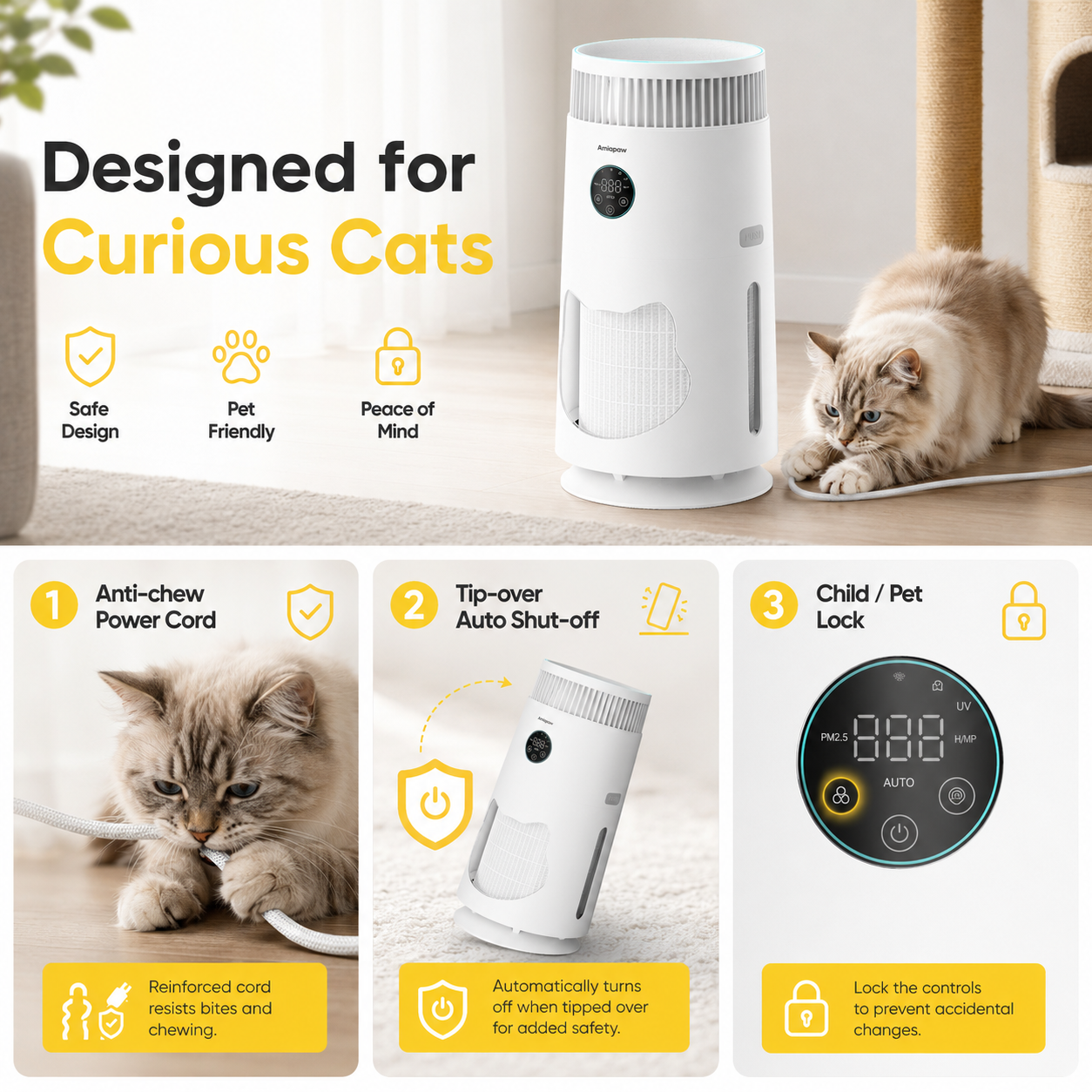 AMIAPAW Cat Air Purifier C2 for Cat Hair and Dander, 360° Intake, Smart PM2.5, Sleep Mode