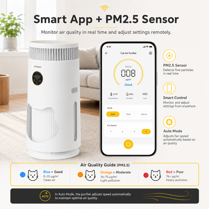 AMIAPAW Cat Air Purifier C2 for Cat Hair and Dander, 360° Intake, Smart PM2.5, Sleep Mode