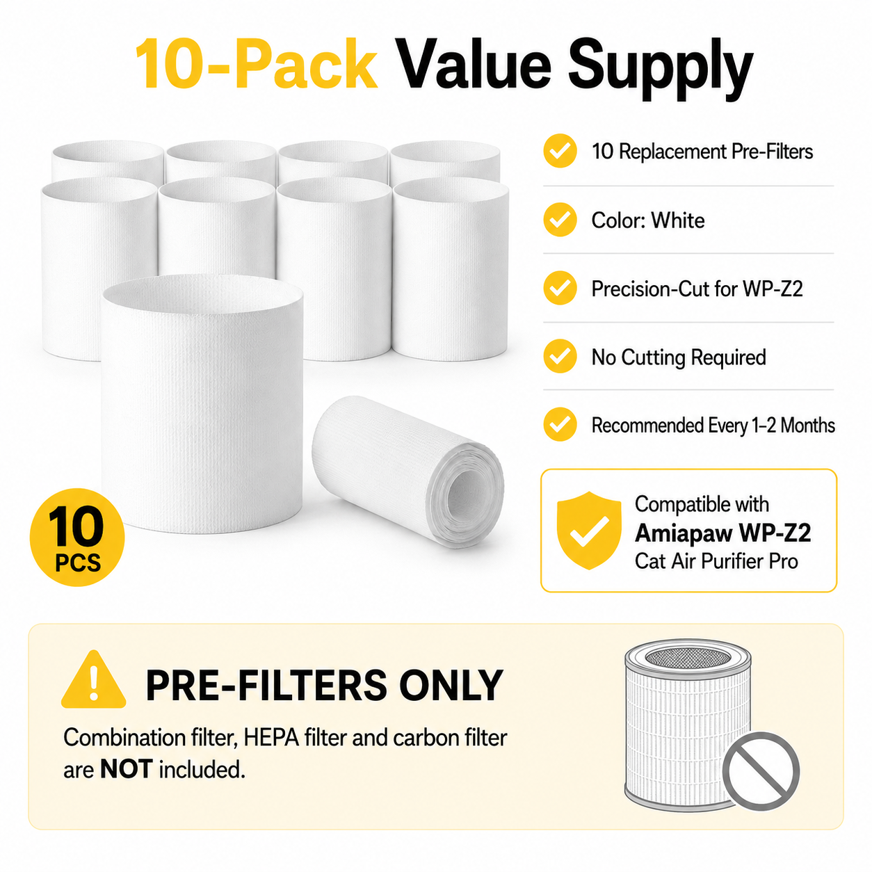 Amiapaw Z2 Replacement Pre-Filters for Cat Air Purifier Pro WP-Z2, White, 10-Pack