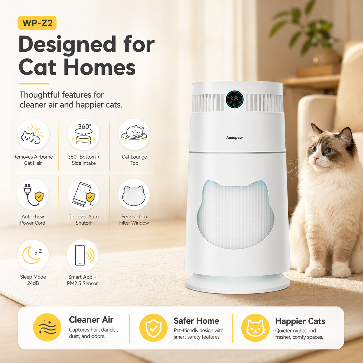 Amiapaw Cat Air Purifier Pro Z2, 360° Pet Hair and Dander Cleaner, Smart App, PM2.5, 24dB Sleep Mode