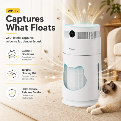Amiapaw Cat Air Purifier Pro Z2, 360° Pet Hair and Dander Cleaner, Smart App, PM2.5, 24dB Sleep Mode