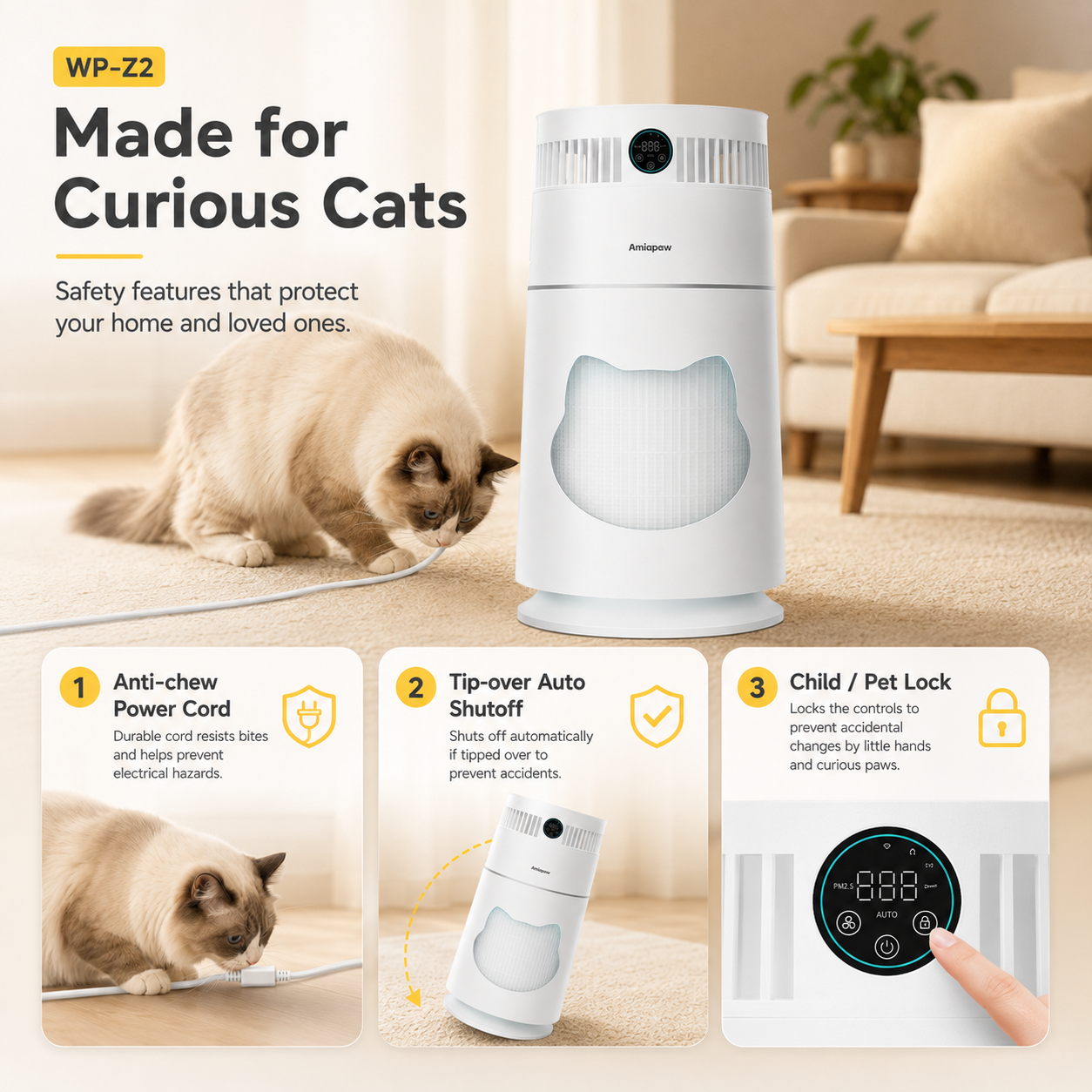 Amiapaw Cat Air Purifier Pro Z2, 360° Pet Hair and Dander Cleaner, Smart App, PM2.5, 24dB Sleep Mode