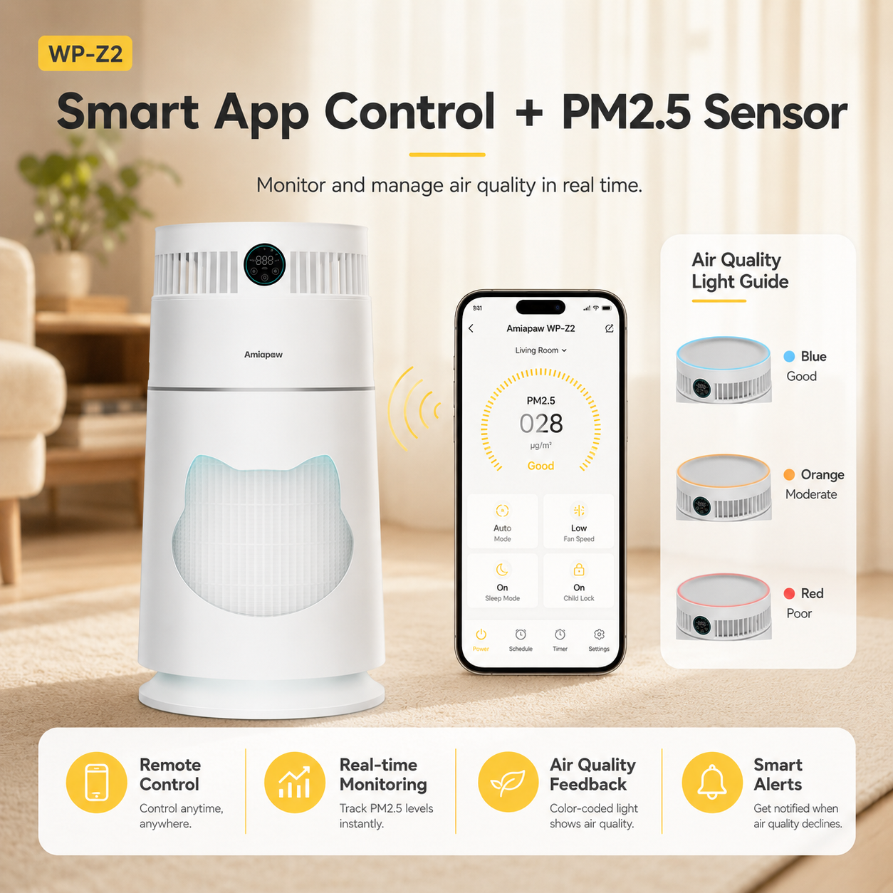 Amiapaw Cat Air Purifier Pro Z2, 360° Pet Hair and Dander Cleaner, Smart App, PM2.5, 24dB Sleep Mode