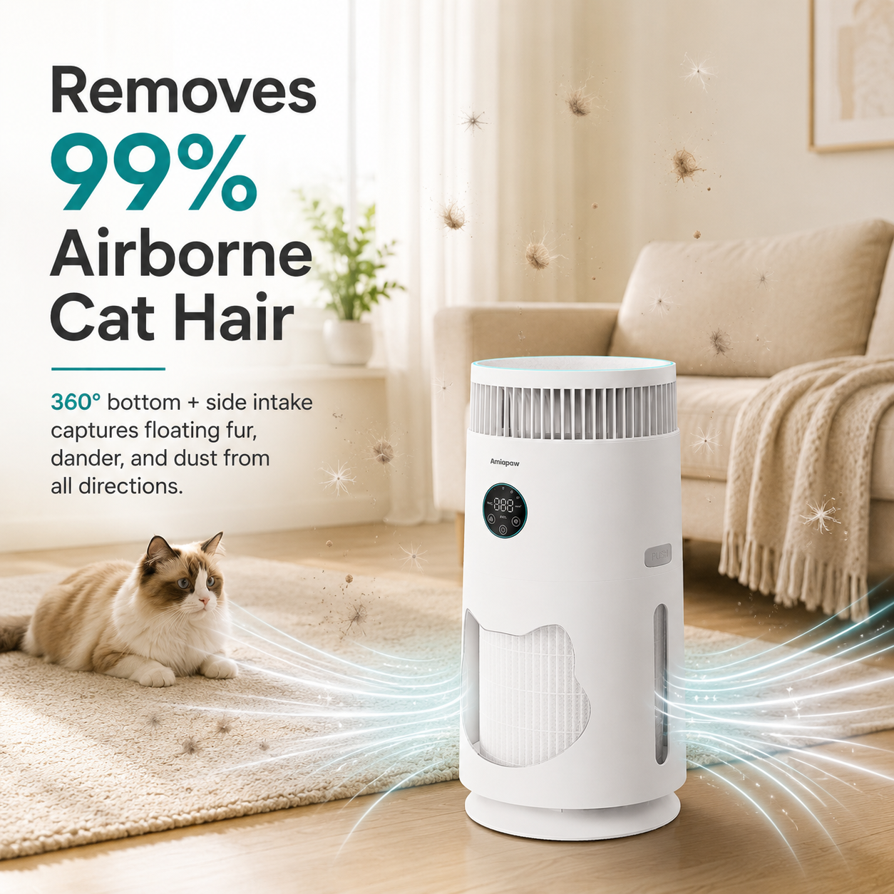 Amiapaw Cat Air Purifier | Captures Cat Hair & Allergens, Real-Time PM2.5 Monitor with 4 Fan Speeds & Auto Mode, Safe Design for Kitties