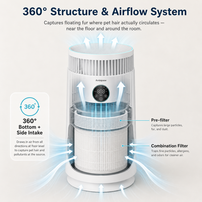 Amiapaw Cat Air Purifier | Captures Cat Hair & Allergens, Real-Time PM2.5 Monitor with 4 Fan Speeds & Auto Mode, Safe Design for Kitties
