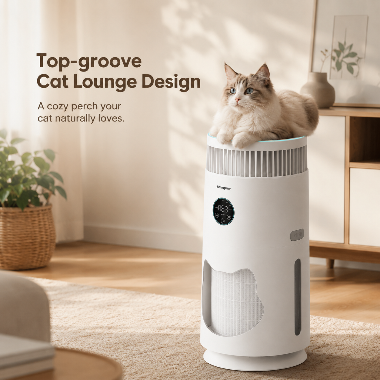 Amiapaw Cat Air Purifier | Captures Cat Hair & Allergens, Real-Time PM2.5 Monitor with 4 Fan Speeds & Auto Mode, Safe Design for Kitties
