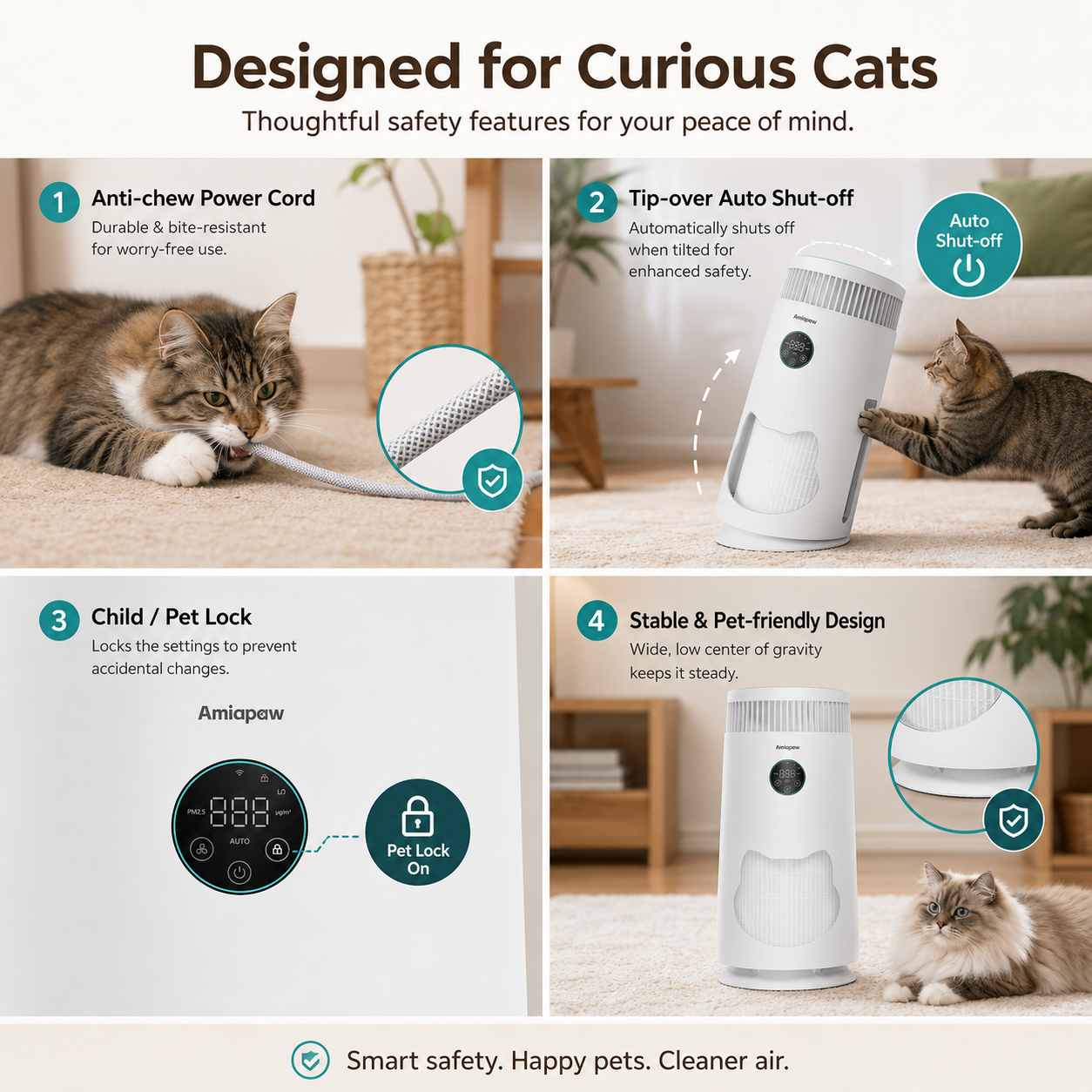 Amiapaw Cat Air Purifier | Captures Cat Hair & Allergens, Real-Time PM2.5 Monitor with 4 Fan Speeds & Auto Mode, Safe Design for Kitties