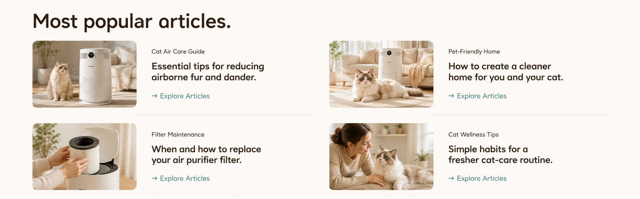 Most Popular Articles - Cat Air Care Guide, Pet-Friendly Home, Filter Maintenance, Cat Wellness Tips